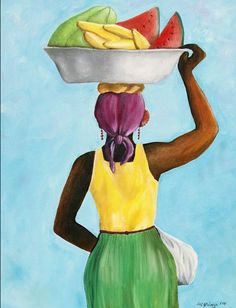 a painting of a woman carrying a tray of fruit on her head