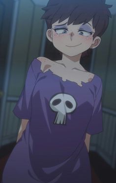 an anime character in a purple shirt with a skull on it's chest and eyes