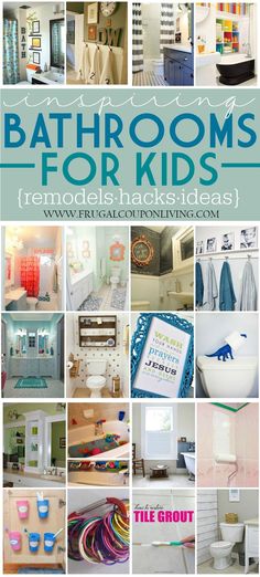 Inspiring Kids Bathrooms - Decorations, Remodels and Hacks on Frugal Coupon Living. Girls Bathroom Ideas, Boys Bathroom Ideas, Bathroom Hacks, Bathroom DIY. Bathroom For Kids, Kids Bathroom Remodel, Kids Bathrooms, Kid Bathroom Decor, Girl Bathrooms, Diy Hanging Shelves, Bathroom Hacks, Wine Bottle Diy Crafts, Floating Shelves Diy