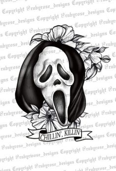 a black and white drawing of a skeleton with flowers on it's head, in front of a banner