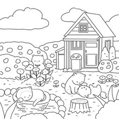 a black and white drawing of some animals in front of a small house with trees