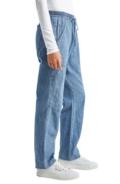 Every closet craves these drawstring-waist chambray pants that are both cool and comfortable. 15" leg opening; 9 1/2" front rise; 14 1/2" back rise Elastic/drawstring waist Five-pocket style 85% cotton, 14% linen, 1% elastane Machine wash, tumble dry Imported Mid-rise Relaxed Fit Pants With Drawstring, Relaxed Fit Mid-rise Pants With Drawstring, Relaxed Fit Mid-rise Drawstring Pants, Denim Blue Pull-on Bottoms For Everyday, Everyday Denim Blue Pull-on Bottoms, Spring Utility Jeans With Elastic Waistband, Spring Denim Cargo Pants With Elastic Waistband, Stretch Cotton Cargo Jeans In Medium Wash, Full Length Cotton Cargo Jeans With Elastic Waistband