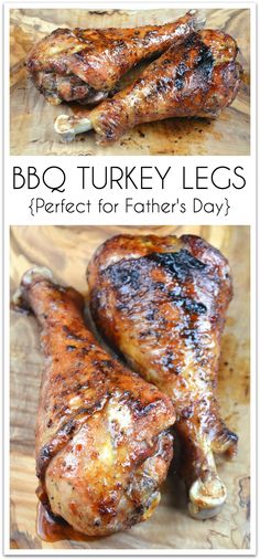 bbq turkey legs on a cutting board with the words, perfect for father's day