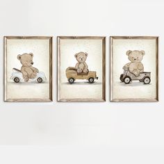 three framed pictures with teddy bears riding on toy cars, one is brown and the other is white