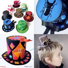 there are many different hats on display with one wearing a top hat and the other holding an eyeglasses