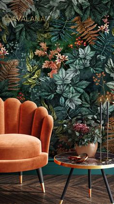 an orange chair and table in front of a wall with plants on it, next to a round coffee table