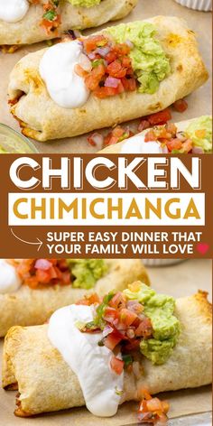 chicken chimichanga with guacamole, salsa and sour cream on top