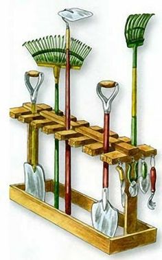 a wooden rack with gardening utensils hanging from it's sides