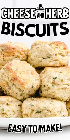 a white plate topped with cheesy biscuits next to the words, cheese and herb biscuits easy to make