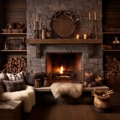 a living room filled with furniture and a fire place next to a stone fireplace covered in logs