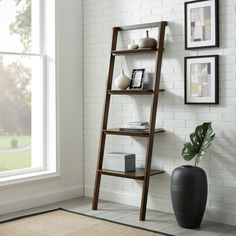 a wooden ladder leaning against a white brick wall next to a potted plant and bookshelf