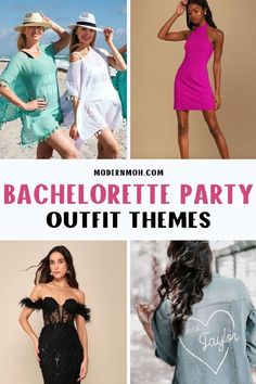 bachelor party outfits for women to wear in the summer and fall, with text overlay that reads bachelor party outfit themes