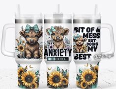 three coffee mugs with the same design as sunflowers and an animal on them