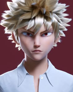 an animated character with blonde hair and blue eyes, wearing a white button up shirt