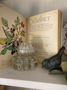 an open book sitting on top of a white shelf next to a glass figurine