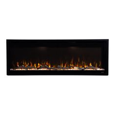 an electric fireplace with bright flames on the sides and black frame, against a white background