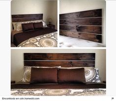 three pictures of a bed with wooden head boards