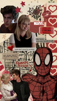 the collage has many different pictures and words on it, including spider - man