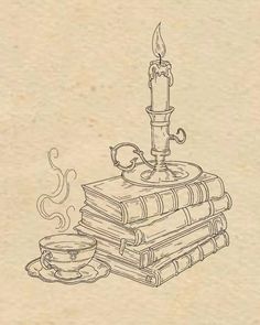 Witchy Sketchbook Ideas, Candle Sketch Art, Vintage Occult Art, Vintage Books Drawing, Antique Book Tattoo, Cute Vintage Drawings, Sketchbook Aesthetic Art Journals, Shelf Drawing Sketch, Book And Candle Tattoo