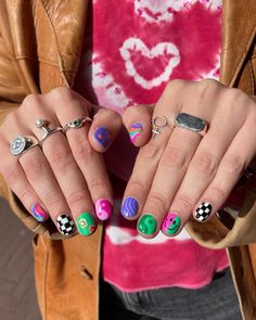 Funky Nail Art For Short Nails, Funky Colorful Nails, Short Festival Nails, Crazy Short Nails, Funky Manicure, Short Hippie Nails, Short Funky Nail Designs, Skater Nails, Funky Short Nails