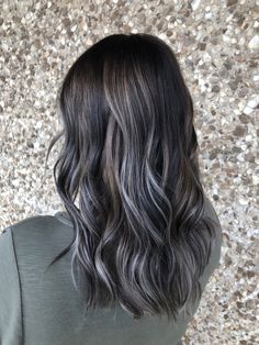 Smoky Hair Color Grey, Odd Hair Colors, Black Hair With Ash Grey Highlights, Ashy Brown On Black Hair, Black Ashy Hair, Ashy Dimensional Brunette, Ashy Brown Balayage On Black Hair, Dark Hair With Ashy Highlights, Ashy Balayage On Black Hair