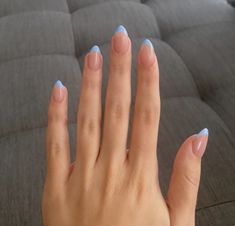 light blue french tip nails | summer | nails | 💅🏻 Light Blue French Tip Nails Oval, Periwinkle French Tip Nails Almond, Pastel Blue French Tip Nails Almond, Dusty Blue Tip Nails, Pale Blue Nails French Tip, Pastel Blue Tips Nails, Light Blue French Almond Nails, Powder Blue French Tips, Light Blue Sparkly French Tip Nails