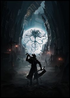 an image of a man in the middle of a dark tunnel with tentacles on his head