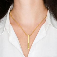 A delightful take on the traditional vertical bar necklace, the Vertical Stick Necklace will keep your favorite people close to your heart. The sides of the vertical stick is custom engraved to your liking, and you’ll have a choice between Gold over Stainless, or Polished Stainless Steel. This is a perfect gift for graduations, weddings, engagements, and more. 4 Sided Bar measures 2" long x 0.2" (50 mm x 4,7mm) Adjustable Snake Chain measures 16" - 22". Custom Bar Necklace, Necklace Stones, Forever Necklace, Customized Necklace, Wedding Rings Gold, Engraved Bar Necklace, Vertical Bar Necklace, Hoop Earrings Handmade, Anything For You