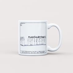 a white coffee mug with an image of people standing in line