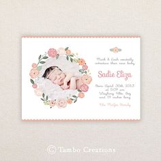 Girls Photo Birth Announcement. I Customize, You Print. Floral Border. Aqiqah Invitation, Scientific Poster Design, Wedding Cards Images, Ideas Bautizo, Invitation Layout, Baby Photo Frames, Prewedding Outdoor, Baby Print Art, Birth Announcement Photos