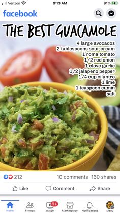 a yellow bowl filled with guacamole next to tomatoes