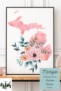 an art print with the words michigan choose your home state print in pink and white