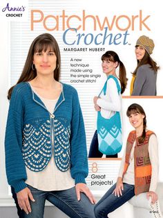 a woman is posing in front of a poster for the book patchwork crochet