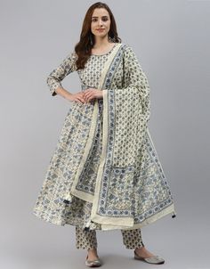 Blue And White Cotton Pant Suit Cotton Anarkali Suits, Cotton Anarkali Kurta, Floral Anarkali, Gota Patti Work, Ethnic Suit, Cotton Anarkali, Floral Print Pants, Anarkali Kurta, Anarkali Suit