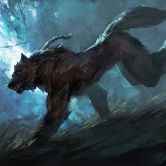 a digital painting of a wolf running through the woods with trees in the back ground