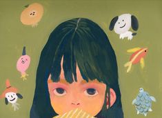 a painting of a girl holding a banana in front of her face with animals around her