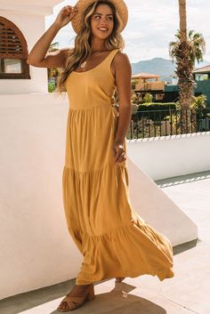 Yellow Sleeveless Ruched High Waist Maxi Dress Basic Maxi Dress, High Waist Maxi Dress, Gauze Maxi Dress, Scooped Neckline, Maxi Styles, Maxi Dress Online, Lilac Dress, Maxi Tank Dress, Tiered Maxi Dress