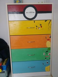 a cabinet with pokemon pictures painted on it