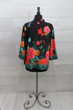 Citron Clothing 3/4 Sleeve Mandarin Collar Top 84% Rayon/ 16% Nylon Best Seller S 4 TO 6 M 8 TO 10 L 12 TO 14 XL 14 TO 16 0X 16 TO 18 1X 18 TO 20 Spring Crew Neck Top With Butterfly Print, Vintage Cotton Tops With Butterfly Print, Casual V-neck Top With Butterfly Print, Spring Long-sleeve Tops With Butterfly Print, Black Floral Print Top With 3/4 Sleeves, Black Cotton T-shirt With Butterfly Print, Collar Top, Mandarin Collar, Collar