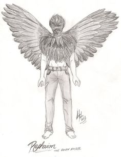 a drawing of a man with wings on his head and hands in his pockets, standing