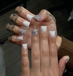 All Rhinestone Nails, Acrylic Toe Nails, Hard Nails, White Acrylic Nails, Girly Acrylic Nails, French Tip Acrylic Nails, Short Acrylic