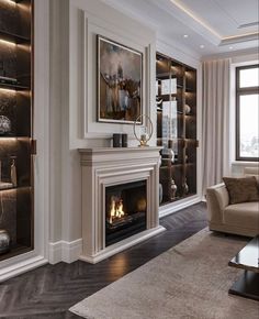 a living room filled with furniture and a fire place