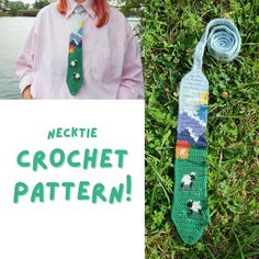 there is a crochet tie with sheep on it and a sign that says necktie crochet pattern