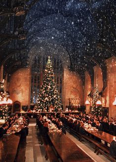 a large dining hall with christmas trees in it