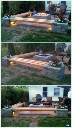 two pictures of a backyard with lights on the ground and an outdoor seating area in the back yard