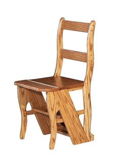 a wooden chair made out of wood with one leg raised up and the other down