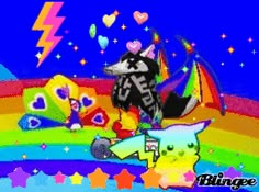 an animated image of a person riding a skateboard in front of a rainbow colored background