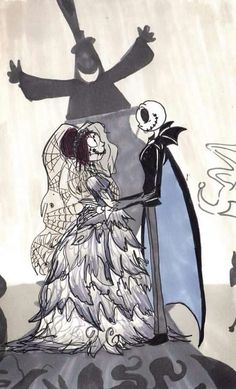 a drawing of a couple dressed up in halloween costumes and holding hands with each other