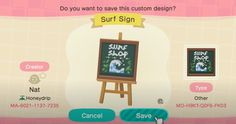 an animal crossing game screen showing the sign for surf shop