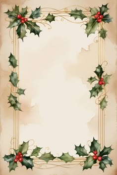 a christmas card with holly leaves and red berries on parchment paper, ready to be used as a background